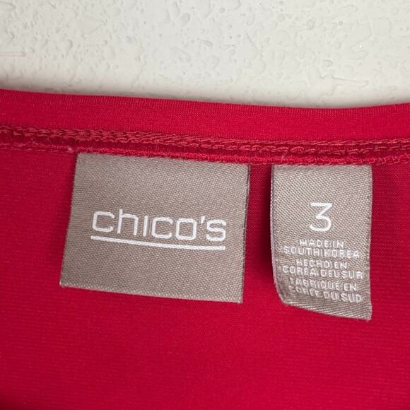 Chico’s Red Tunic Top Size XL (3) Jersey Knit 3/4 Sleeve Chiffon Hem Mixed Media - Picture 3 of 7